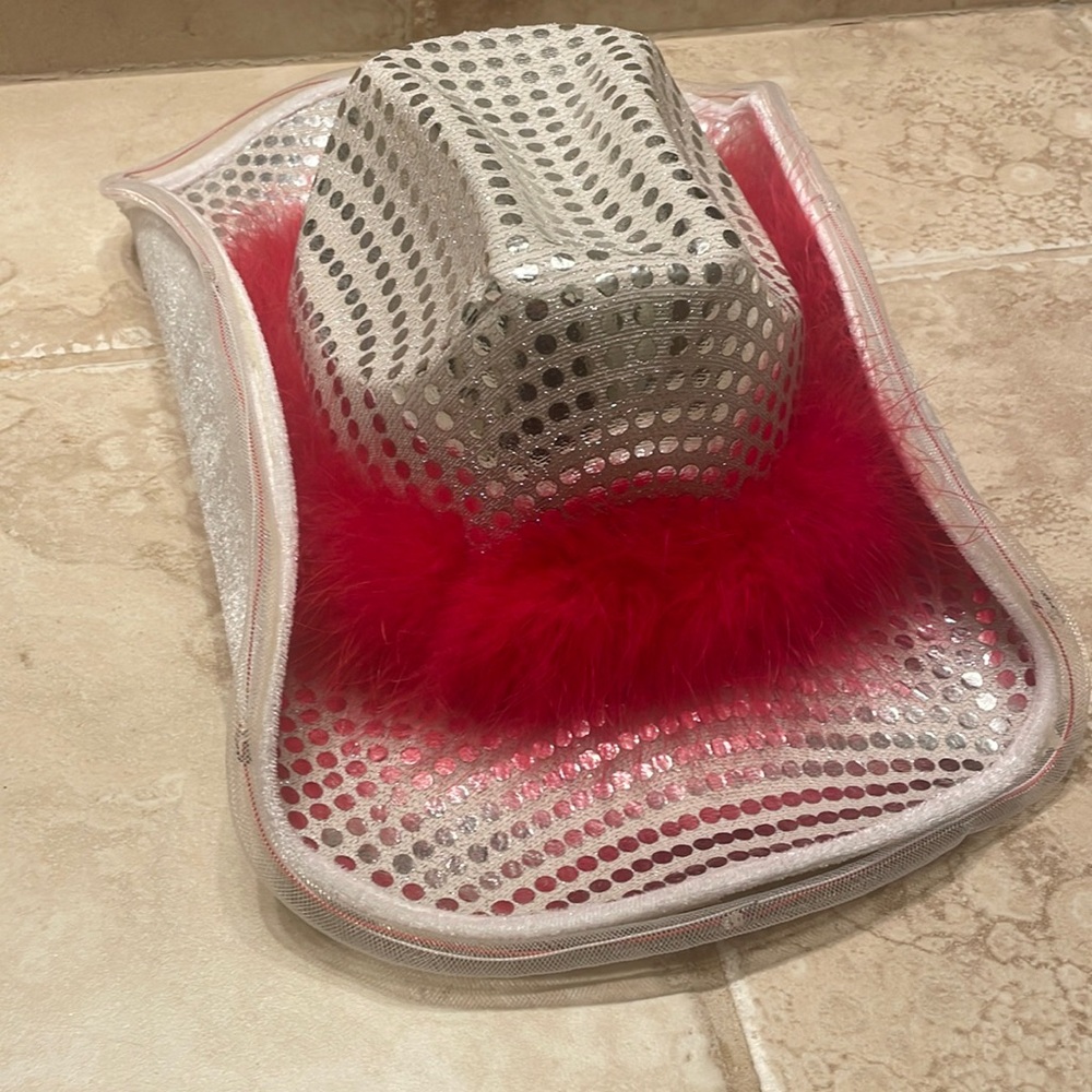 Silver with Red Boa Light Up Cowboy/Cowgirl Hat - Picture 4 of 13